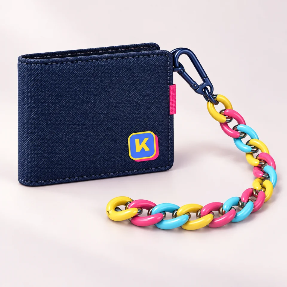 Physical navy KURV wallet concept beside a pink, yellow and cyan chain