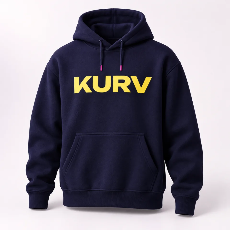 Navy KURV hoodie concept with yellow wordmark and pink accents