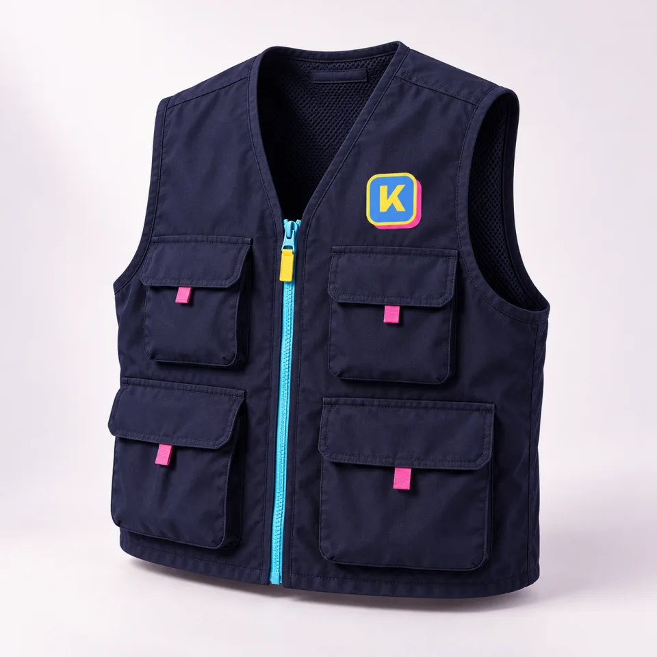 KURV navy utility vest concept with four pockets, cyan zip and colorful tabs